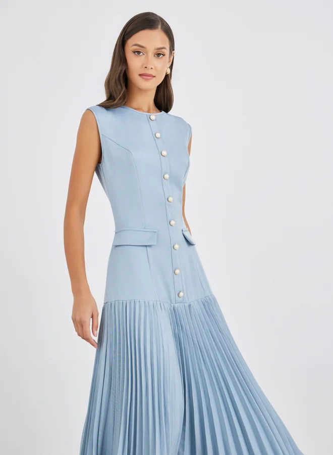Styli Styli Women Blue Solid Sleeveless Pleated A-Line Maxi Dress