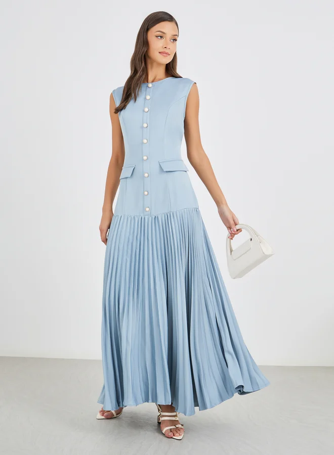 Styli Styli Women Blue Solid Sleeveless Pleated A-Line Maxi Dress