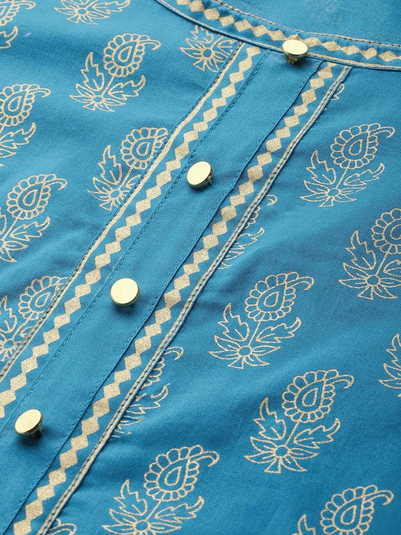 Yash Gallery Women's Cotton Gold Print Anarkali Kurta (Teal Blue) - Image 5
