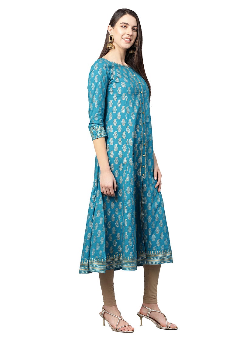 Yash Gallery Women's Cotton Gold Print Anarkali Kurta (Teal Blue) - Image 2
