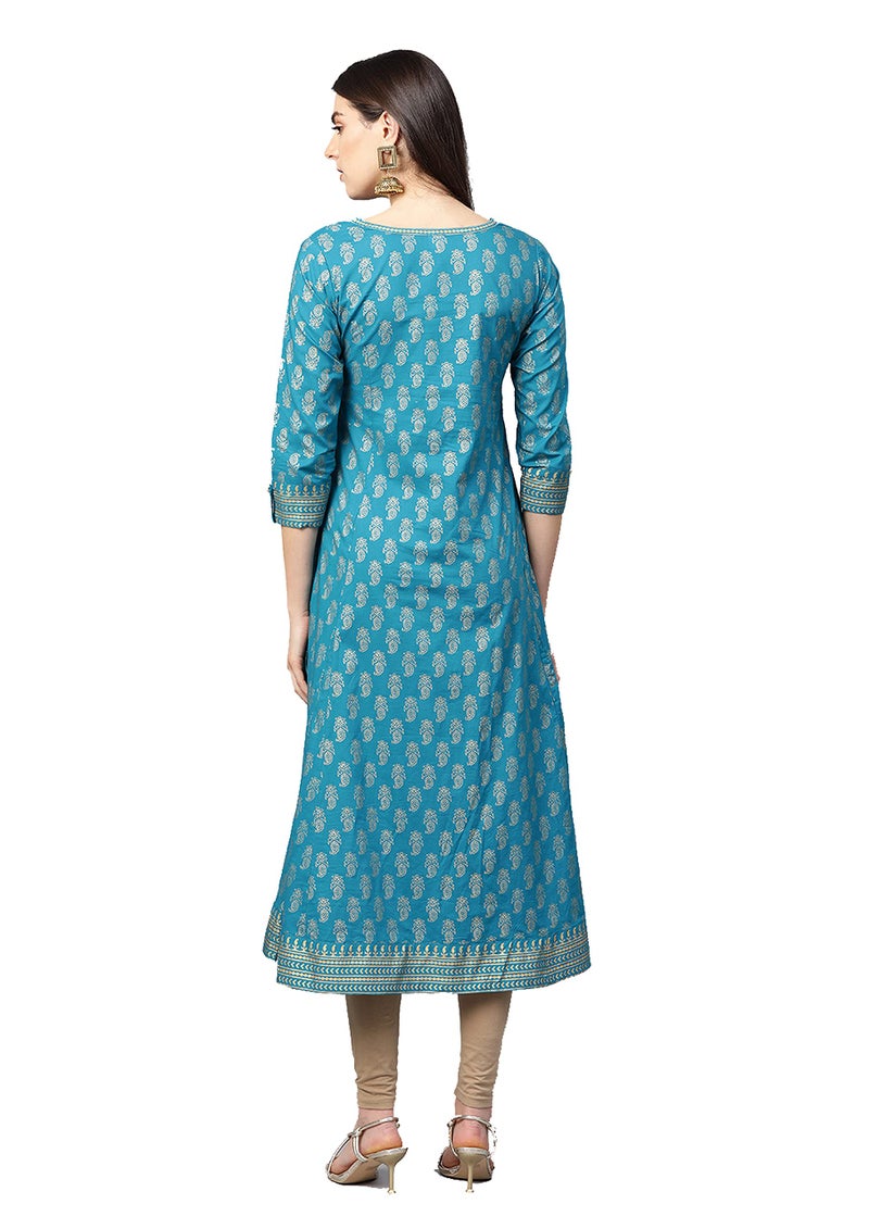 Yash Gallery Women's Cotton Gold Print Anarkali Kurta (Teal Blue) - Image 4