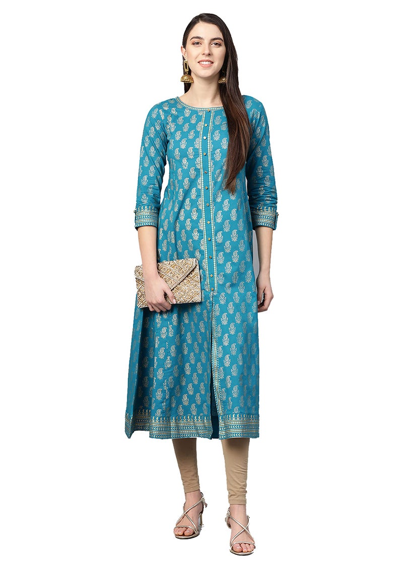 Yash Gallery Women's Cotton Gold Print Anarkali Kurta (Teal Blue) - Image 1