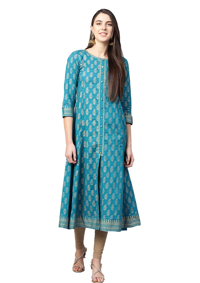 Yash Gallery Women's Cotton Gold Print Anarkali Kurta (Teal Blue) - Image 3