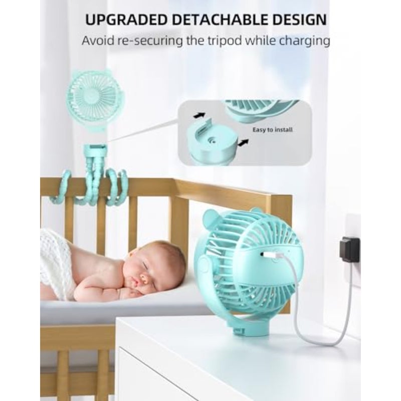 Portable Stroller Mini Fan, Small Rechargeable Personal Cooler w/ 360° Rotation, Baby Essentials for Car Seat, Crib, Bike, Treadmill, 3-Speed Battery Powered Stroller Accessories - Image 5