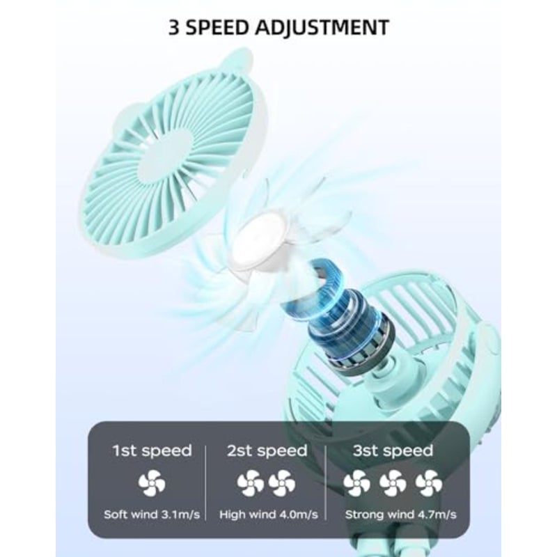 Portable Stroller Mini Fan, Small Rechargeable Personal Cooler w/ 360° Rotation, Baby Essentials for Car Seat, Crib, Bike, Treadmill, 3-Speed Battery Powered Stroller Accessories - Image 3