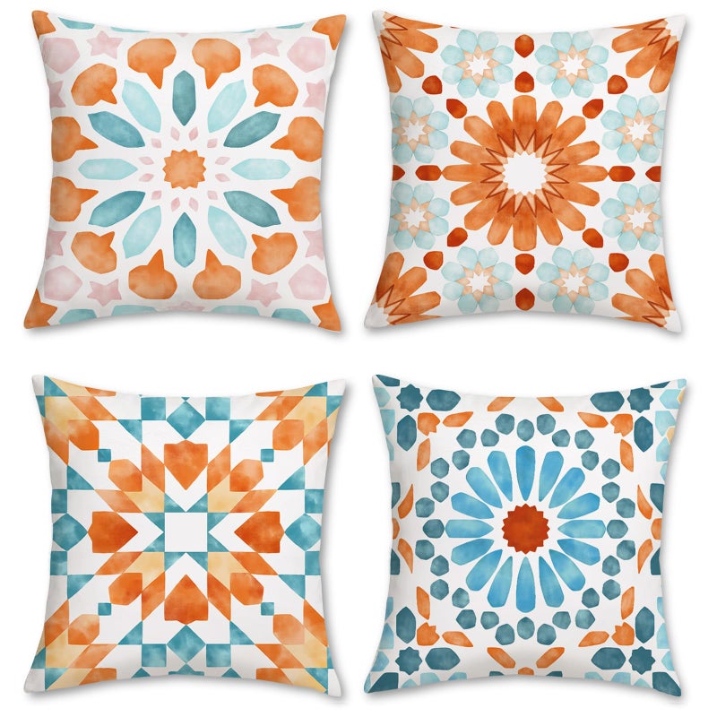 Bonhause Boho Outdoor Fall Pillow Covers 18x18 Inch Set of 4 Orange Mandala Decorative Throw Pillow Cases Soft Velvet for Sofa Couch Garden Bedroom Home Decor