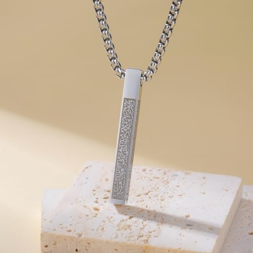 VASSAGO Islamic Ayatul Kursi Necklace for Women Men Allah Arabic 3D Bar Necklace Muslim Koranic Quran Stainless Steel/Leather Chain Necklace Islam Eid Islamic Gift Jewelry (3D bar necklace-box chain) - Image 4