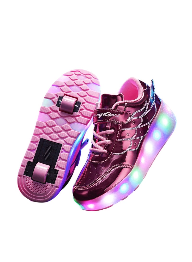 Huitich Pink Double-Wheel LED Roller Skate Shoes for Kids – Deformable Sneakers Size 33 / Inner Length 21.5cm  - Image 1