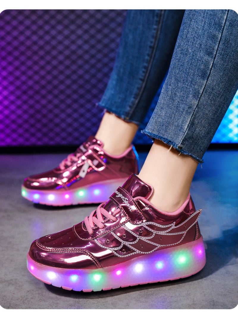 Huitich Pink Double-Wheel LED Roller Skate Shoes for Kids – Deformable Sneakers Size 33 / Inner Length 21.5cm  - Image 2
