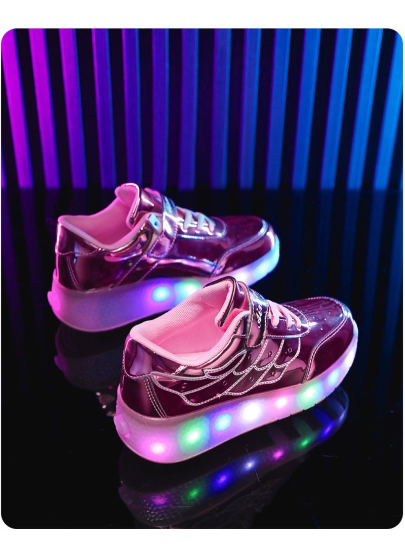 Huitich Pink Double-Wheel LED Roller Skate Shoes for Kids – Deformable Sneakers Size 33 / Inner Length 21.5cm  - Image 4