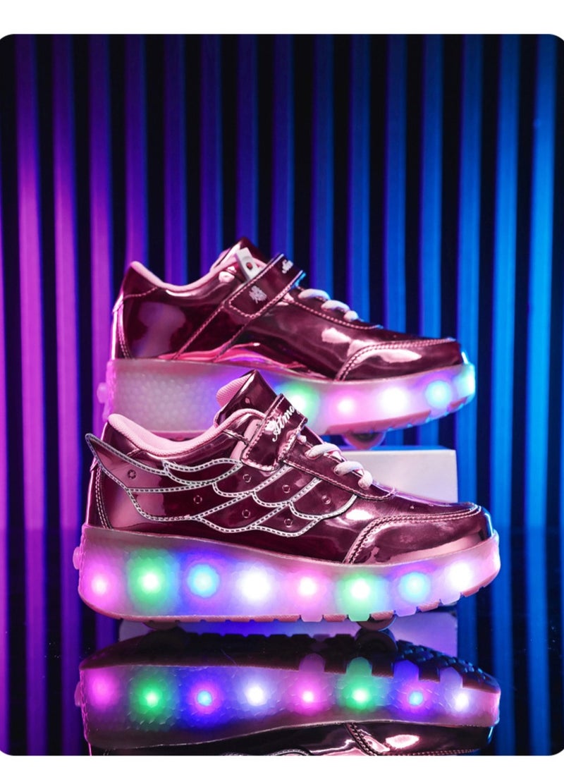 Huitich Pink Double-Wheel LED Roller Skate Shoes for Kids – Deformable Sneakers Size 33 / Inner Length 21.5cm  - Image 5