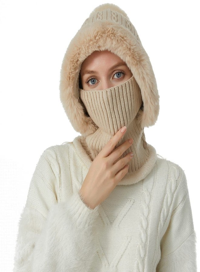 هوامولان طقم قبعة شتوية نسائية محبوكة من هومولان، مكون من قطعة واحدة، بتصميم جمجمة، مع وشاح دائري للرقبة، مناسب للتزلج على الجليد، مع غطاء أذن مزين بكرات صوفية. - Image 3