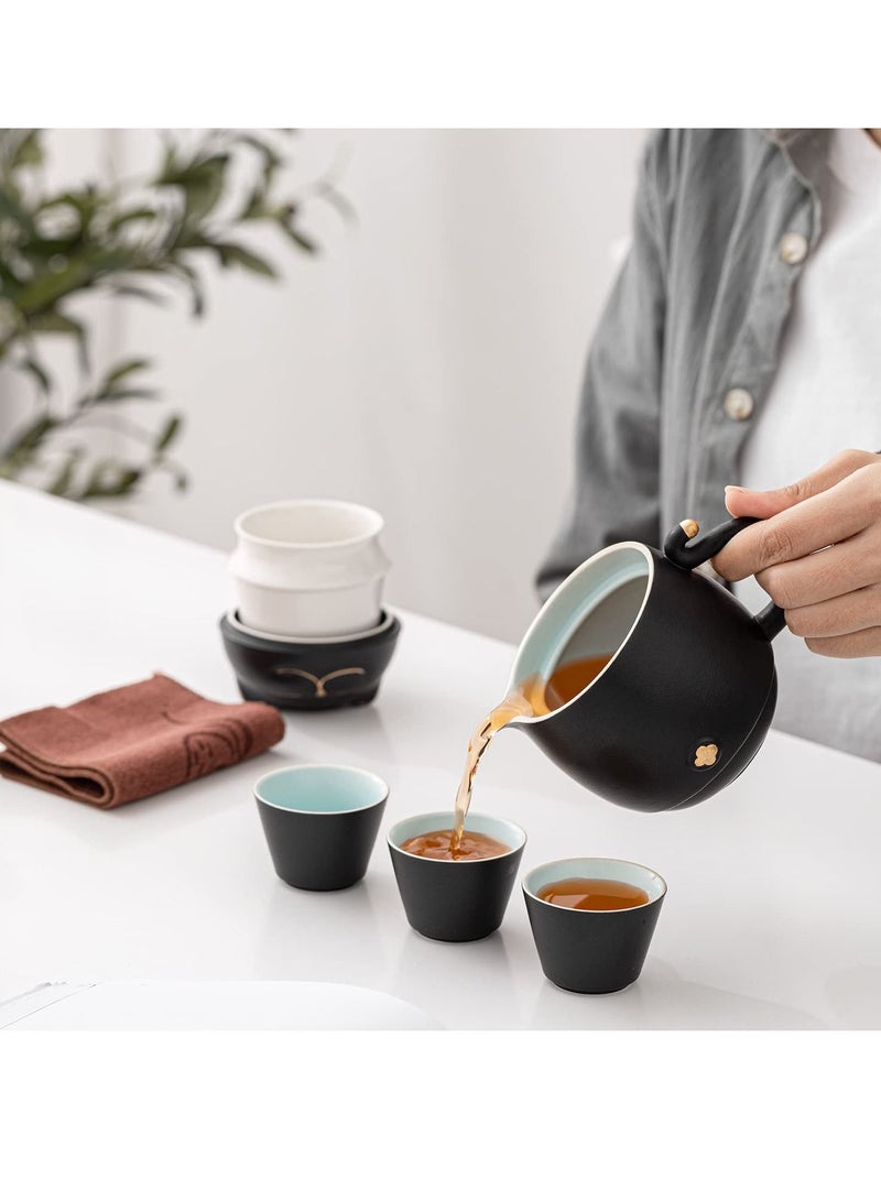 SYOSI Travel Tea Set, Portable Ceramic Kung Fu Teapot Infuser Set Smiley Cat Shape with 1 Teapot 3 Tea Cups for Outdoor Car Travel Home Gifts and Office (Black) - Image 5