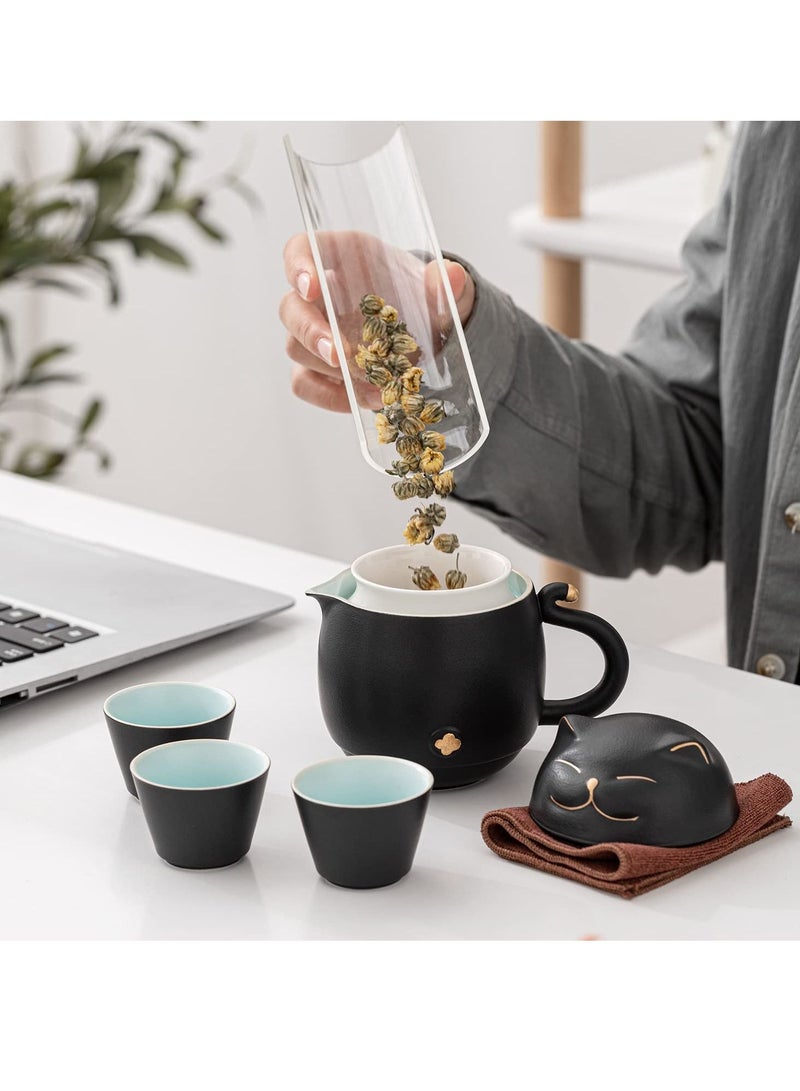SYOSI Travel Tea Set, Portable Ceramic Kung Fu Teapot Infuser Set Smiley Cat Shape with 1 Teapot 3 Tea Cups for Outdoor Car Travel Home Gifts and Office (Black) - Image 4