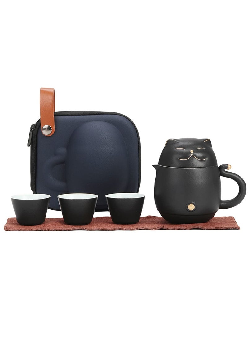 SYOSI Travel Tea Set, Portable Ceramic Kung Fu Teapot Infuser Set Smiley Cat Shape with 1 Teapot 3 Tea Cups for Outdoor Car Travel Home Gifts and Office (Black) - Image 1