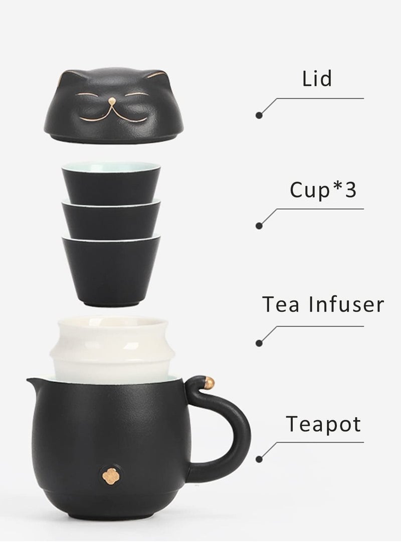 SYOSI Travel Tea Set, Portable Ceramic Kung Fu Teapot Infuser Set Smiley Cat Shape with 1 Teapot 3 Tea Cups for Outdoor Car Travel Home Gifts and Office (Black) - Image 3