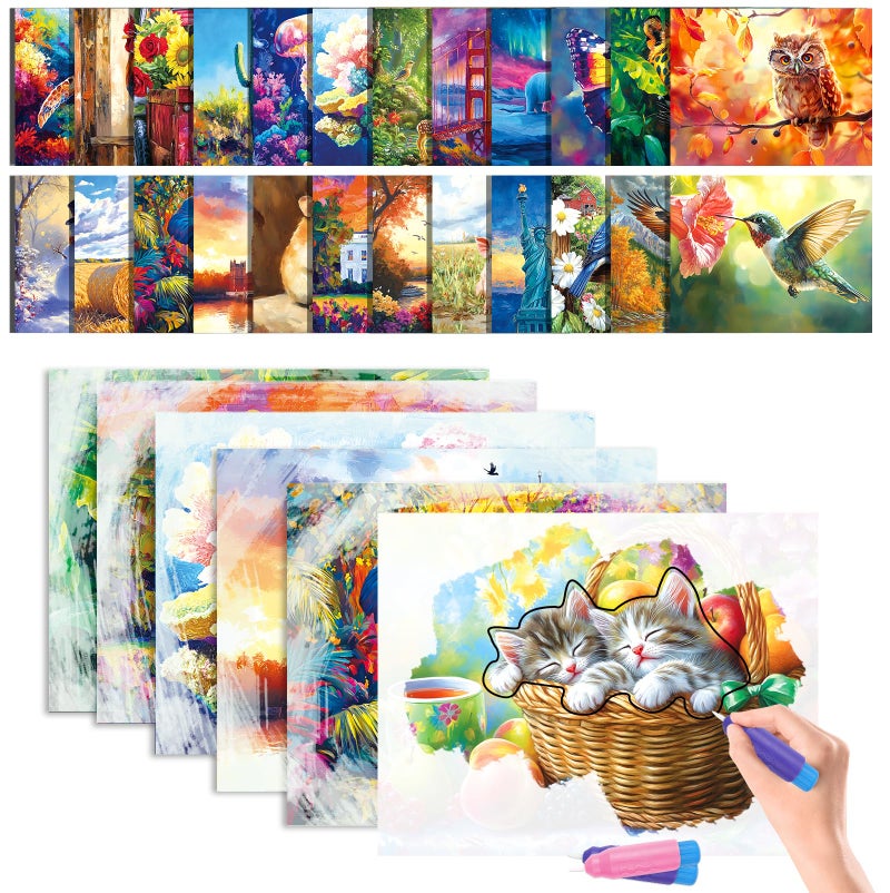 Codonen 25 Pcs Reusable Water Doodle Coloring Set for Seniors, Dementia Products for Elderly â€“ No Mess Art Set with 2 Ergonomic Brushes, Memory-Care Paint Book for Elderly, Thoughtful Gift for Grandparents - Image 1
