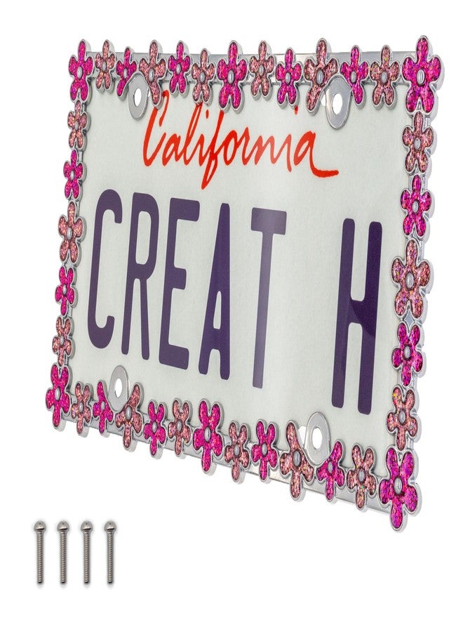 Creathome 3D Shining Daisy Wrenth License Plate Frame from Pure Zinc Alloy Metal Perfect Plate Holder, Chrome with Pink Glitter - Image 2