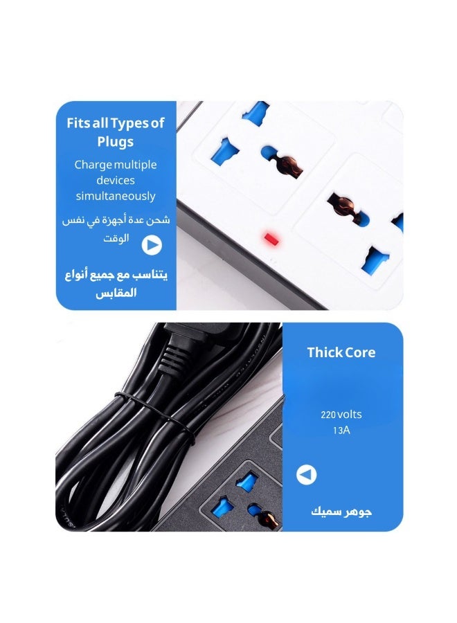زابروس مقبس تمديد كهربائية 10 في 1 مع 6 منافذ تيار متردد عالمية و3 منافذ USB ومنفذ Type-C طاقة 2500 واط كابل 2 متر للاستخدام اليومي والمكتبي والمنزلي والرحلات - Image 2