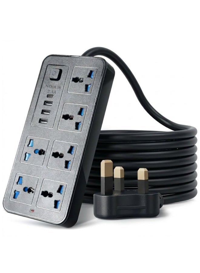زابروس مقبس تمديد كهربائية 10 في 1 مع 6 منافذ تيار متردد عالمية و3 منافذ USB ومنفذ Type-C طاقة 2500 واط كابل 2 متر للاستخدام اليومي والمكتبي والمنزلي والرحلات - Image 1