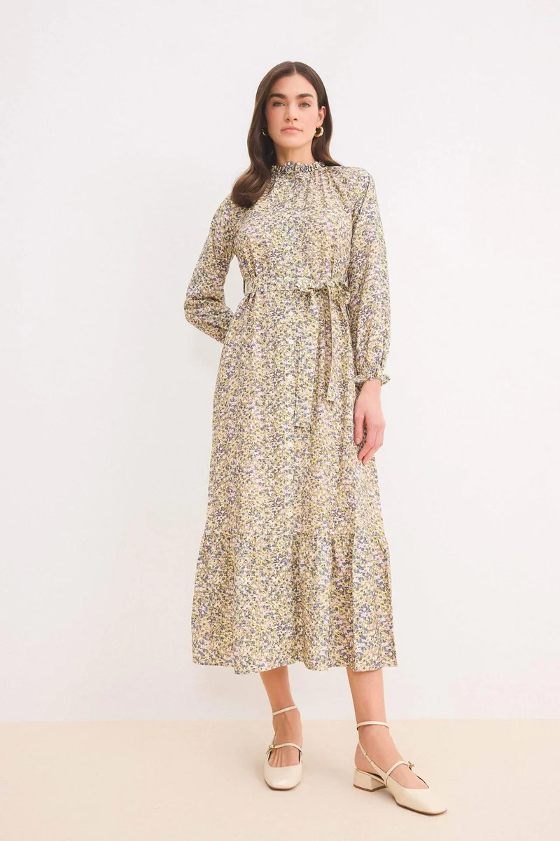 ديفاكتو Crew Neck Printed Chiffon Dress