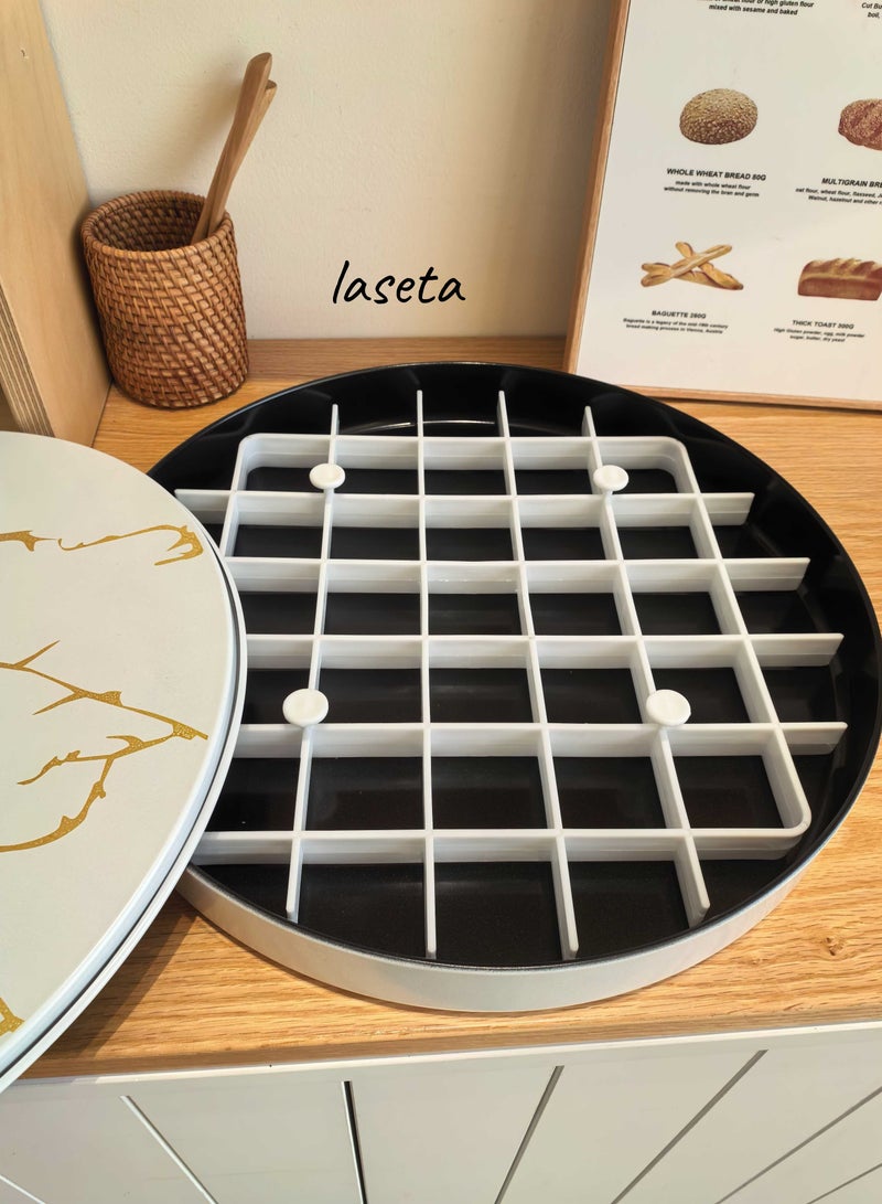 Laseta Round Basbousa Cutting Baking Tray with Cutter - 35 CM Multi Shapes (White Marble)  - Image 2