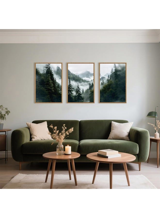 HOURIA Sage Green Forest Mountain Framed Canvas Wall Art Set,Foggy Woodland Wall Decor,Natural Misty Botanical Wall Painting,Boho Pine Tree Art Prints for Living Room, Bedroom, Farmhouse-16 x24 x3 - Image 2