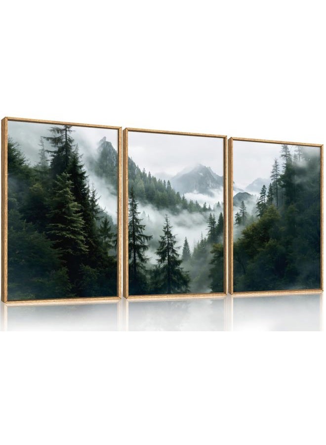 HOURIA Sage Green Forest Mountain Framed Canvas Wall Art Set,Foggy Woodland Wall Decor,Natural Misty Botanical Wall Painting,Boho Pine Tree Art Prints for Living Room, Bedroom, Farmhouse-16 x24 x3 - Image 1