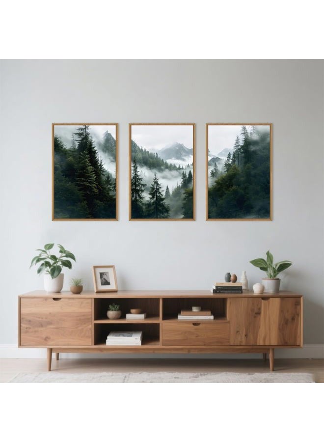 HOURIA Sage Green Forest Mountain Framed Canvas Wall Art Set,Foggy Woodland Wall Decor,Natural Misty Botanical Wall Painting,Boho Pine Tree Art Prints for Living Room, Bedroom, Farmhouse-16 x24 x3 - Image 3
