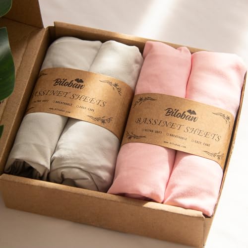 Biloban Baby Bassinet Sheets 4 Pack Compatible with 33 x 20 Mika Micky Baby Delight Dream On Me Bedside Sleeper Bassinet Ultra Soft Skin Friendly Washer Dryer Grey and Pink - Image 1