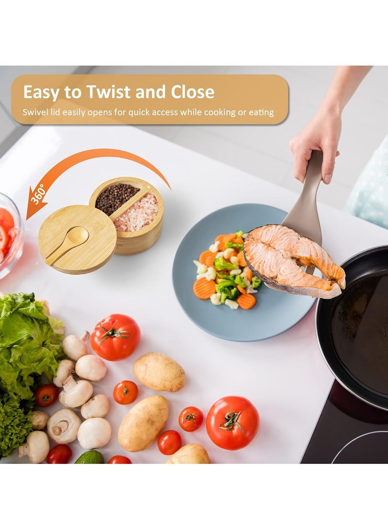 Relex 2 Compartment Salt Box with Lid and Spoon, Bamboo Salt Cellar with Swivel Lid, Salt and Pepper Bowls for Salt & Spices, Dual 6 oz Salt Container - Image 5