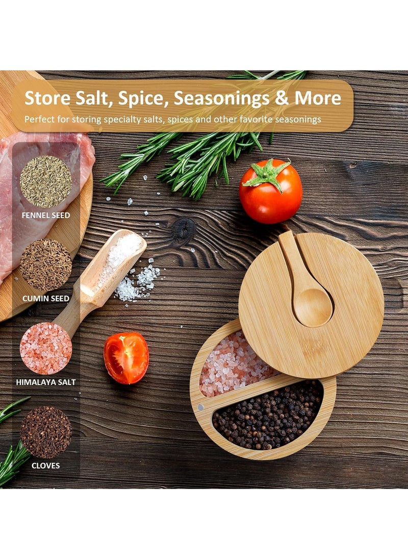 Relex 2 Compartment Salt Box with Lid and Spoon, Bamboo Salt Cellar with Swivel Lid, Salt and Pepper Bowls for Salt & Spices, Dual 6 oz Salt Container - Image 3