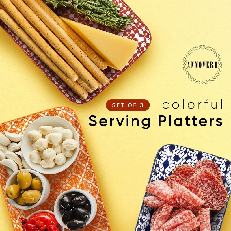 Annovero Serving Platter  Large Porcelain Food Tray  for Fruit Cheese Dessert Cookie Meat Appetizer  Colorful Decorative Serveware for Party  Entertaining  154138118 Inch  Set of 3 - Image 2