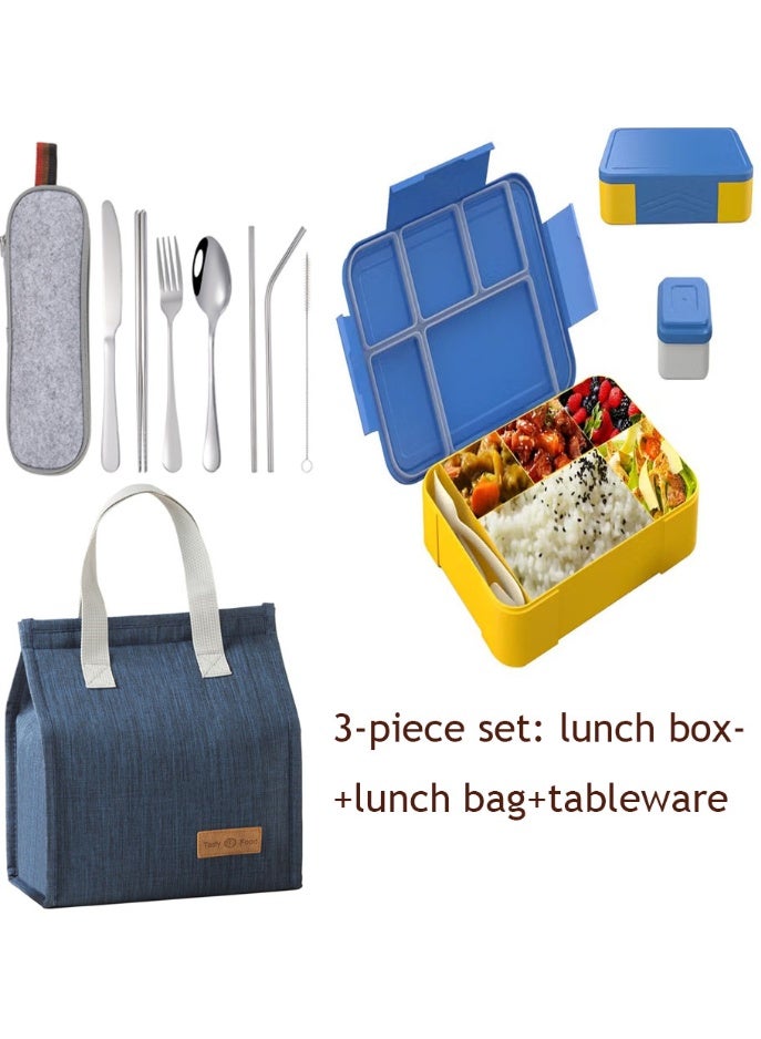 NIBEMINENT Bento Box, Lunch Box + lunch box+tableware for Kids, Bento Lunch Box Kids Adults，With Fork Spoon,Food-Safe Leakproof 5 Compartments and 1 Salad Dressing Containers,1330 ML (Blue) - Image 1