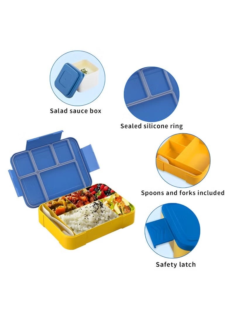 NIBEMINENT Bento Box, Lunch Box + lunch box+tableware for Kids, Bento Lunch Box Kids Adults，With Fork Spoon,Food-Safe Leakproof 5 Compartments and 1 Salad Dressing Containers,1330 ML (Blue) - Image 4