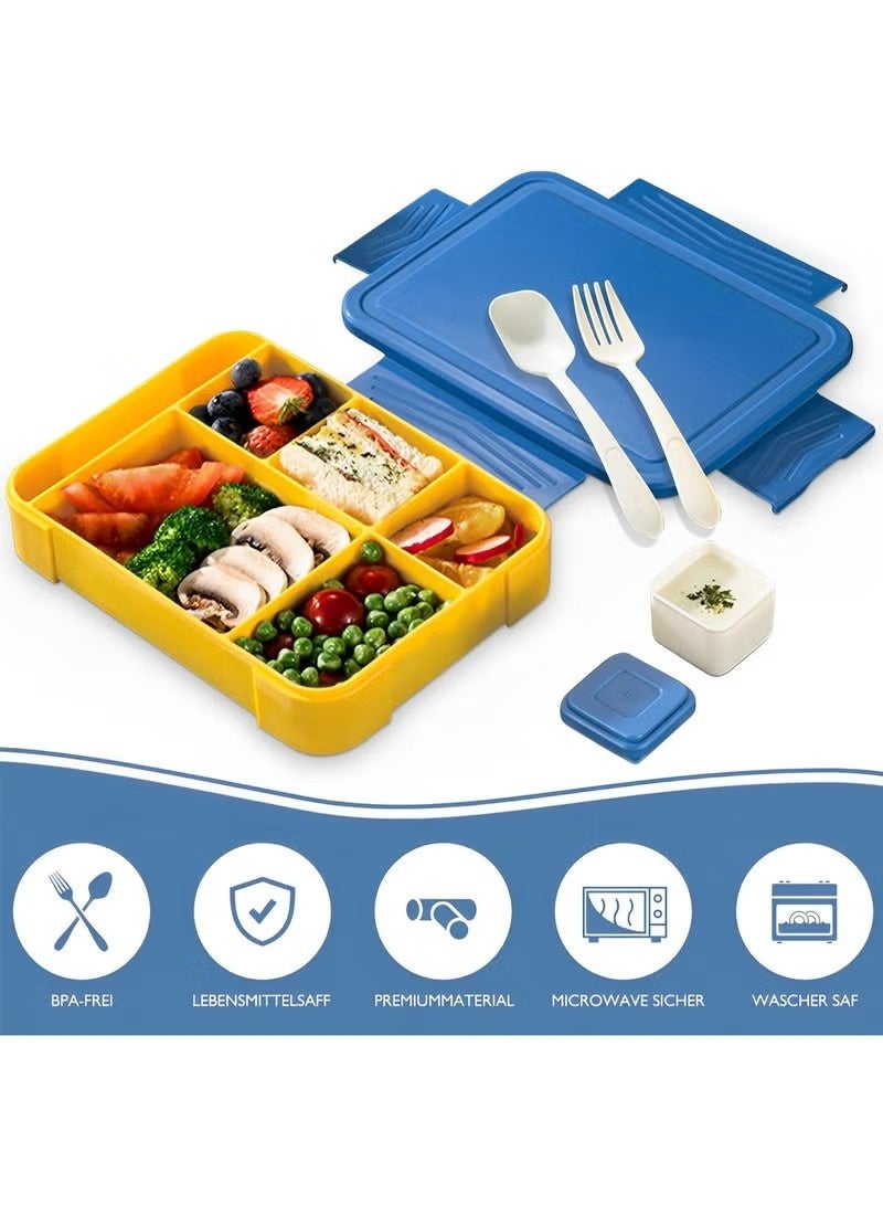 NIBEMINENT Bento Box, Lunch Box + lunch box+tableware for Kids, Bento Lunch Box Kids Adults，With Fork Spoon,Food-Safe Leakproof 5 Compartments and 1 Salad Dressing Containers,1330 ML (Blue) - Image 3