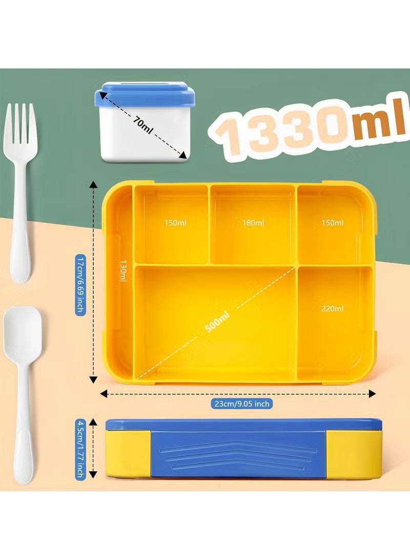 NIBEMINENT Bento Box, Lunch Box + lunch box+tableware for Kids, Bento Lunch Box Kids Adults，With Fork Spoon,Food-Safe Leakproof 5 Compartments and 1 Salad Dressing Containers,1330 ML (Blue) - Image 2