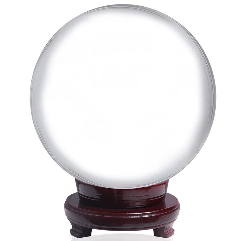 LONGWIN 200mm8 inch Huge Clear Divination Crystal Ball Meditation Glass Sphere Free Wooden Stand Home Decoration Ornaments