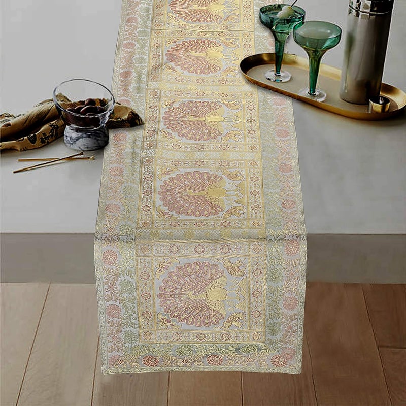 E - Ezra E Ezra Christmas Diwali Room Decor Gift Gold Banarasi Brocade Silk Table Runner for Dining Table 6 4 Seater Peacock Centre Table Top Rectangle 60x16 Inches 152x40 cm Grey 1 - Image 1
