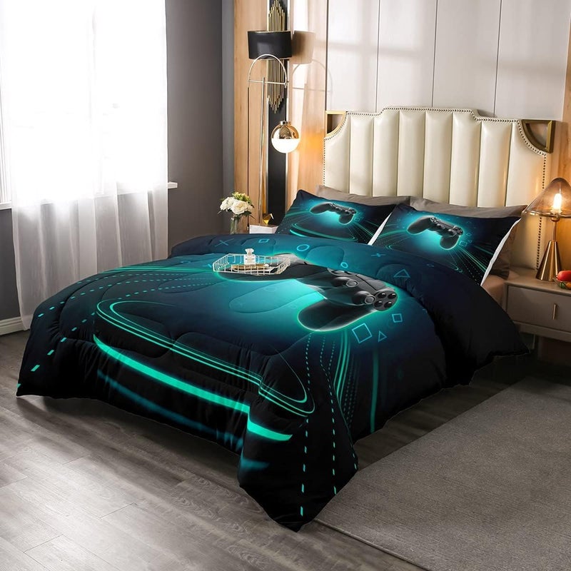 Gamepad Comforter Set Boys Teens Modern Novelty Sci-Fi Style Video Games Down Comforter, Teal Light Stripe Decor Gamer Quilted Duvet Electronic Game Console Joysticks Player Gaming Duvet Insert, Twin - Image 2