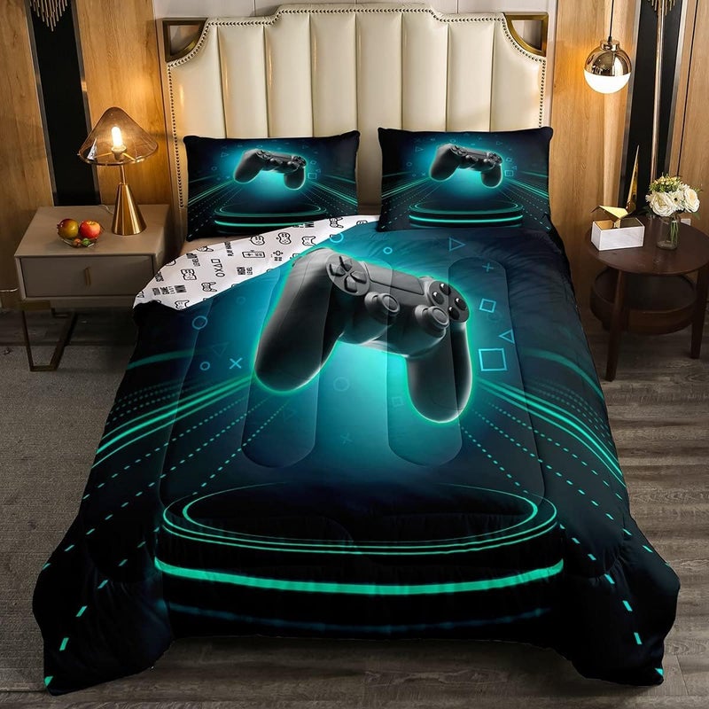 Gamepad Comforter Set Boys Teens Modern Novelty Sci-Fi Style Video Games Down Comforter, Teal Light Stripe Decor Gamer Quilted Duvet Electronic Game Console Joysticks Player Gaming Duvet Insert, Twin - Image 1