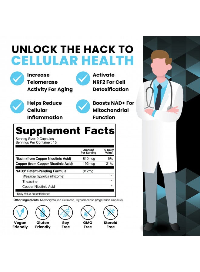 HPN NAD+ Booster Nicotinamide Riboside Alternative (NAD3) for Men & Women | Anti Aging NRF2 Activator, Superior to NADH Natural Energy Supplement for Longevity & Cellular Health, 30 Veggie Pills