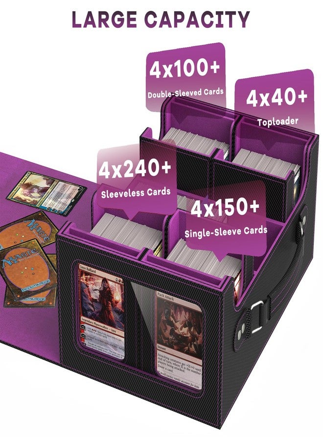 FETUSI Commander Deck Box for MTG Fits 400+ Double-Sleeved Card Storage, 4 IN 1 Removable Card Case with Multi-purpose Deck Case, Display Window for TCG/PTCG/EDH, 4 Magnetic One Touch Holders(Black Purple) - Image 3