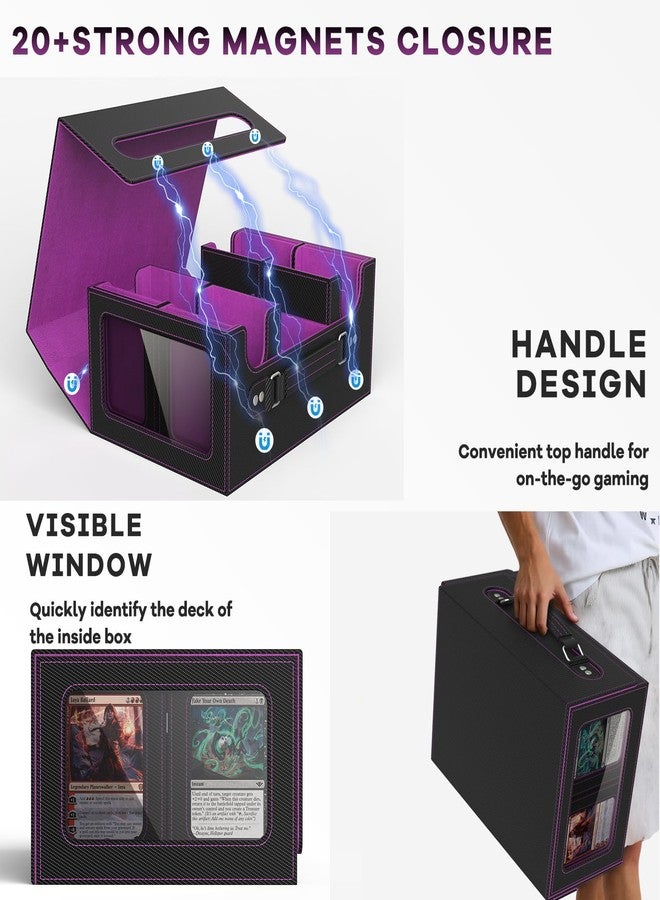 FETUSI Commander Deck Box for MTG Fits 400+ Double-Sleeved Card Storage, 4 IN 1 Removable Card Case with Multi-purpose Deck Case, Display Window for TCG/PTCG/EDH, 4 Magnetic One Touch Holders(Black Purple) - Image 5