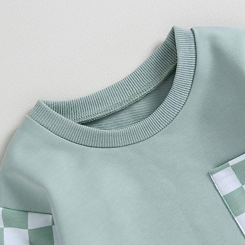 allshope Toddler Baby Boy Fall Outfit Checkerboard Patchwork Long Sleeve Sweatshirts Elastic Waist Pants Cute Newborn Clothes Set (Color Green, 12-18 Months) - Image 4