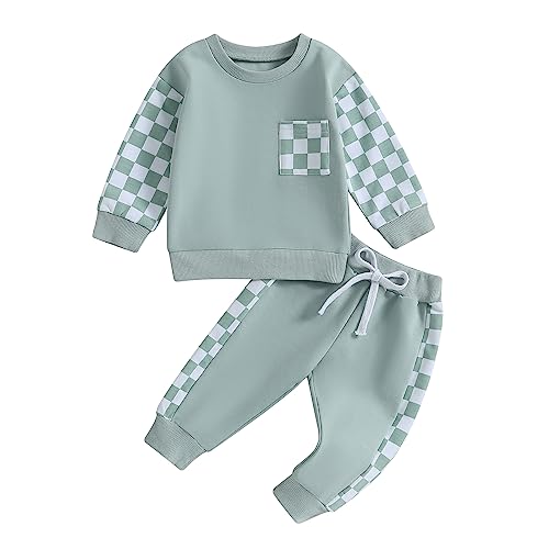 allshope Toddler Baby Boy Fall Outfit Checkerboard Patchwork Long Sleeve Sweatshirts Elastic Waist Pants Cute Newborn Clothes Set (Color Green, 12-18 Months) - Image 1