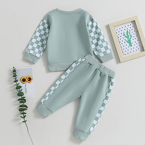 allshope Toddler Baby Boy Fall Outfit Checkerboard Patchwork Long Sleeve Sweatshirts Elastic Waist Pants Cute Newborn Clothes Set (Color Green, 12-18 Months) - Image 3