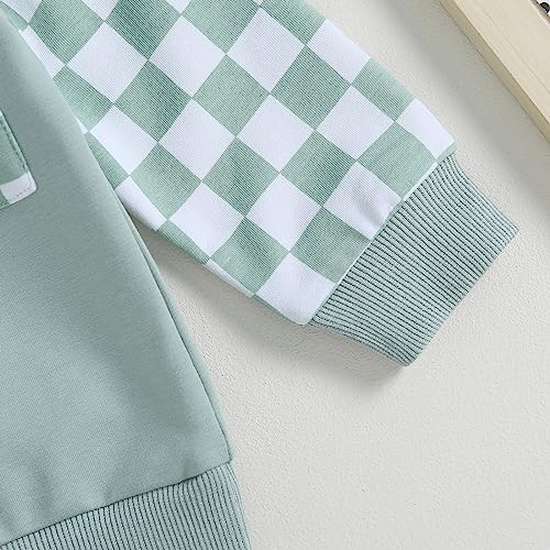 allshope Toddler Baby Boy Fall Outfit Checkerboard Patchwork Long Sleeve Sweatshirts Elastic Waist Pants Cute Newborn Clothes Set (Color Green, 12-18 Months) - Image 5