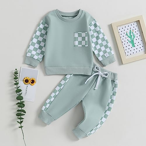allshope Toddler Baby Boy Fall Outfit Checkerboard Patchwork Long Sleeve Sweatshirts Elastic Waist Pants Cute Newborn Clothes Set (Color Green, 12-18 Months) - Image 2