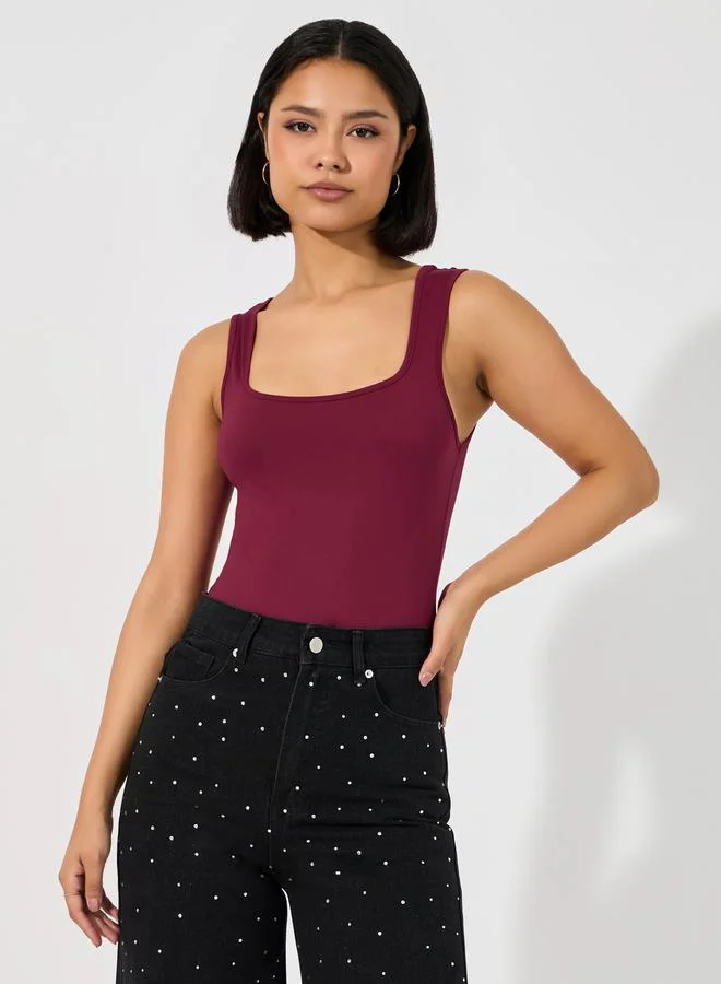 Styli Solid Knit Sleeveless Square Neck Bodysuit